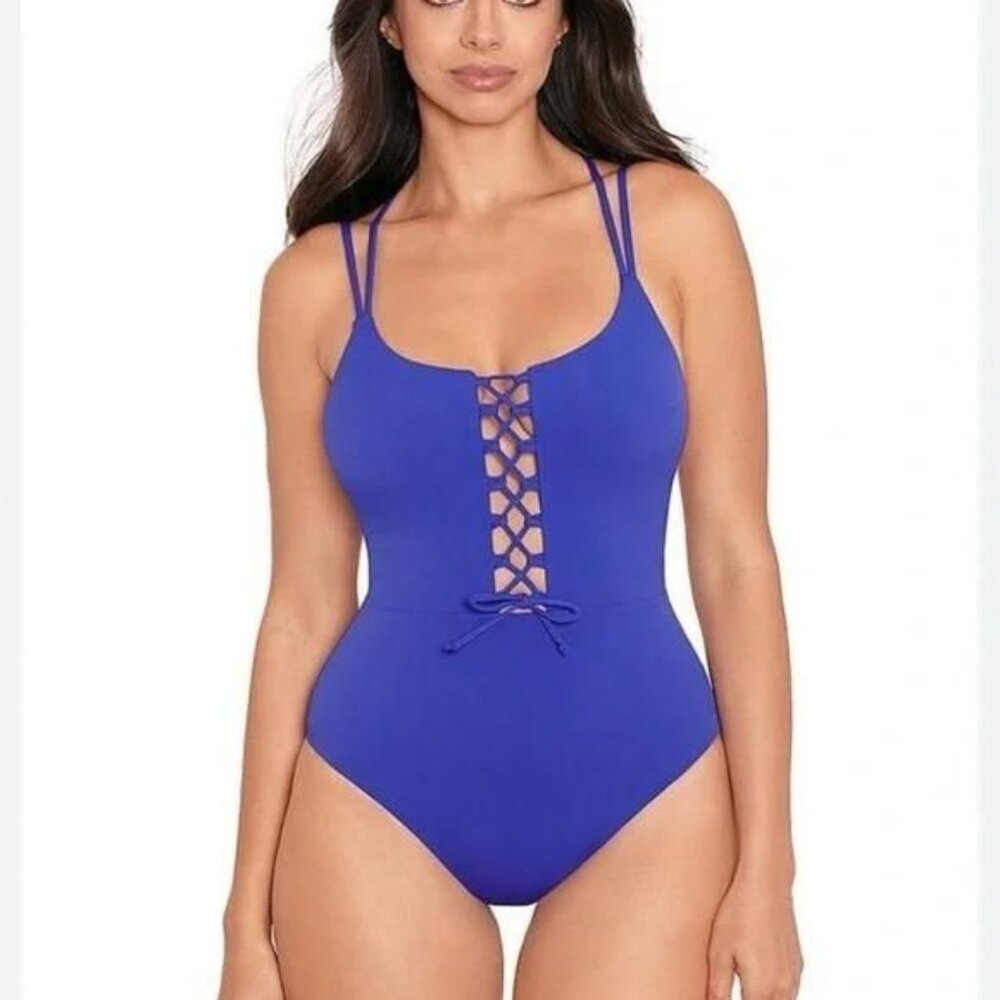 NWOT Skinny Dippers by MiracleSuit Swimsuit M One Piece Suga Babe Lace up Blue
